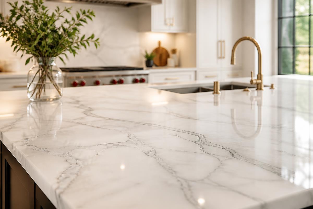 Elegant white marble countertop with soft grey veining, custom installed by Home Design Cabinetry in metro Atlanta