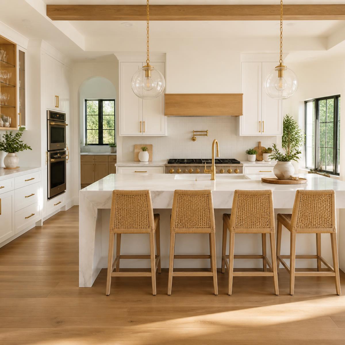 Bright modern kitchen with custom white shaker cabinetry, oak accents, quartz waterfall island, and brass hardware