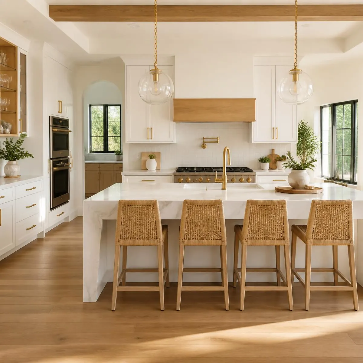 Bright modern kitchen with custom white shaker cabinetry, oak accents, quartz waterfall island, and brass hardware